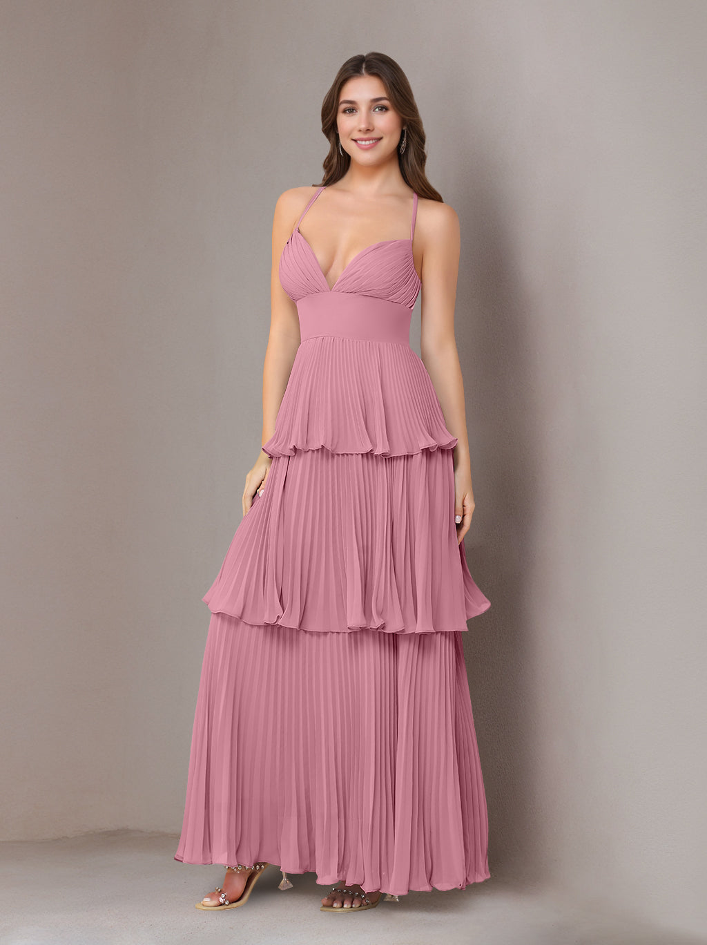 A-Line/Princess Spaghetti Straps Sleeveless Floor-Length Chiffon Bridesmaid Dresses with Pleated