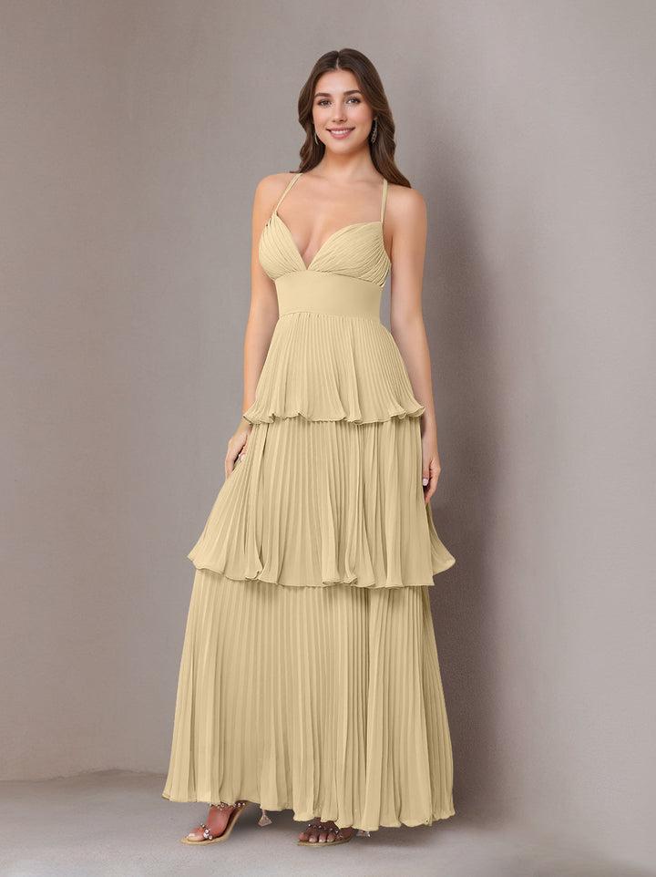 A-Line/Princess Spaghetti Straps Sleeveless Floor-Length Chiffon Bridesmaid Dresses with Pleated