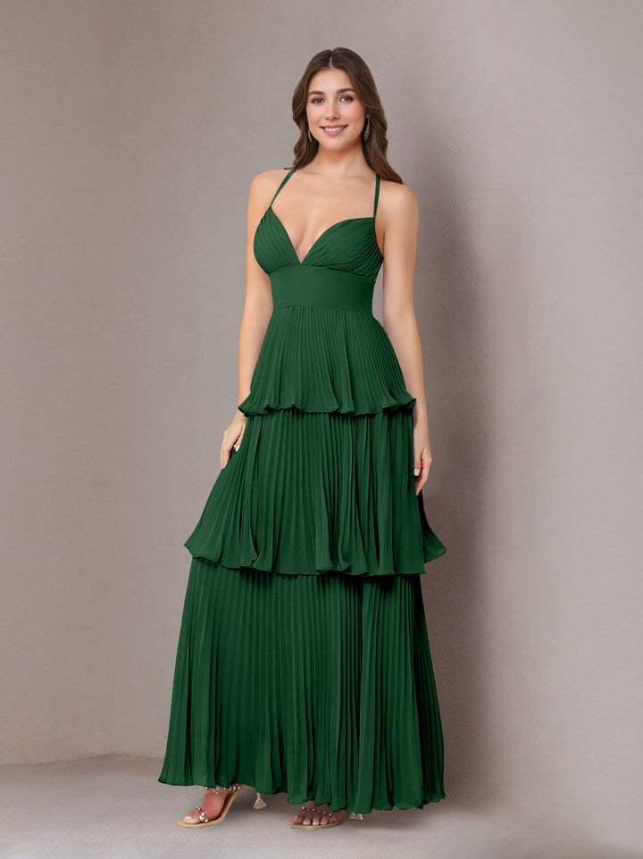 A-Line/Princess Spaghetti Straps Sleeveless Floor-Length Chiffon Bridesmaid Dresses with Pleated