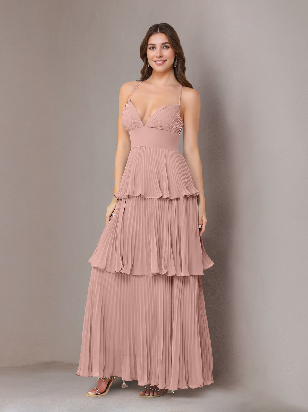 A-Line/Princess Spaghetti Straps Sleeveless Floor-Length Chiffon Bridesmaid Dresses with Pleated