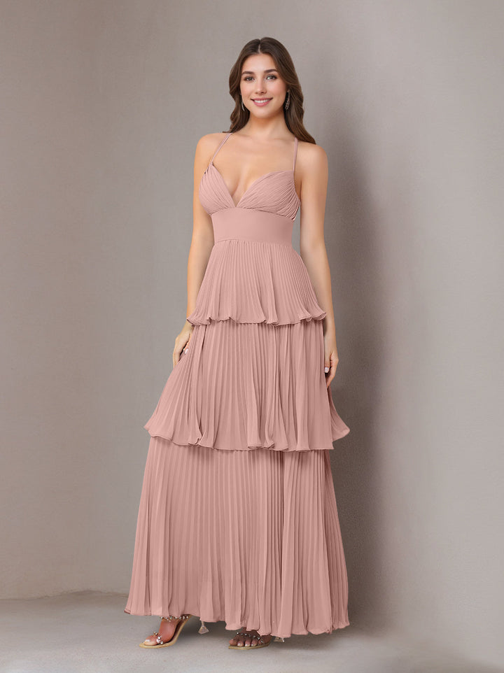 A-Line/Princess Spaghetti Straps Sleeveless Floor-Length Chiffon Bridesmaid Dresses with Pleated
