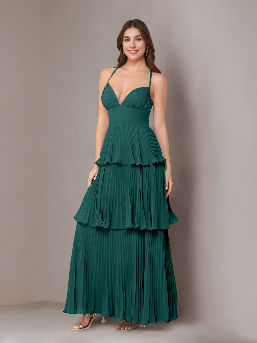 A-Line/Princess Spaghetti Straps Sleeveless Floor-Length Chiffon Bridesmaid Dresses with Pleated