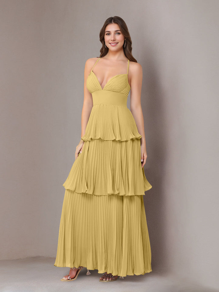 A-Line/Princess Spaghetti Straps Sleeveless Floor-Length Chiffon Bridesmaid Dresses with Pleated