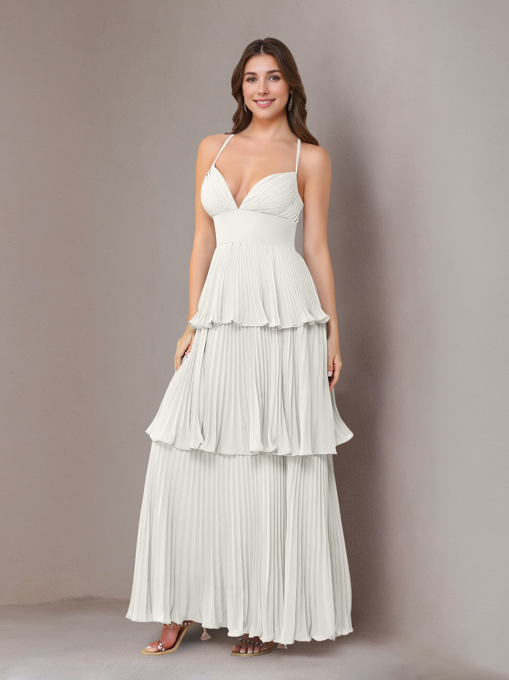 A-Line/Princess Spaghetti Straps Sleeveless Floor-Length Chiffon Bridesmaid Dresses with Pleated