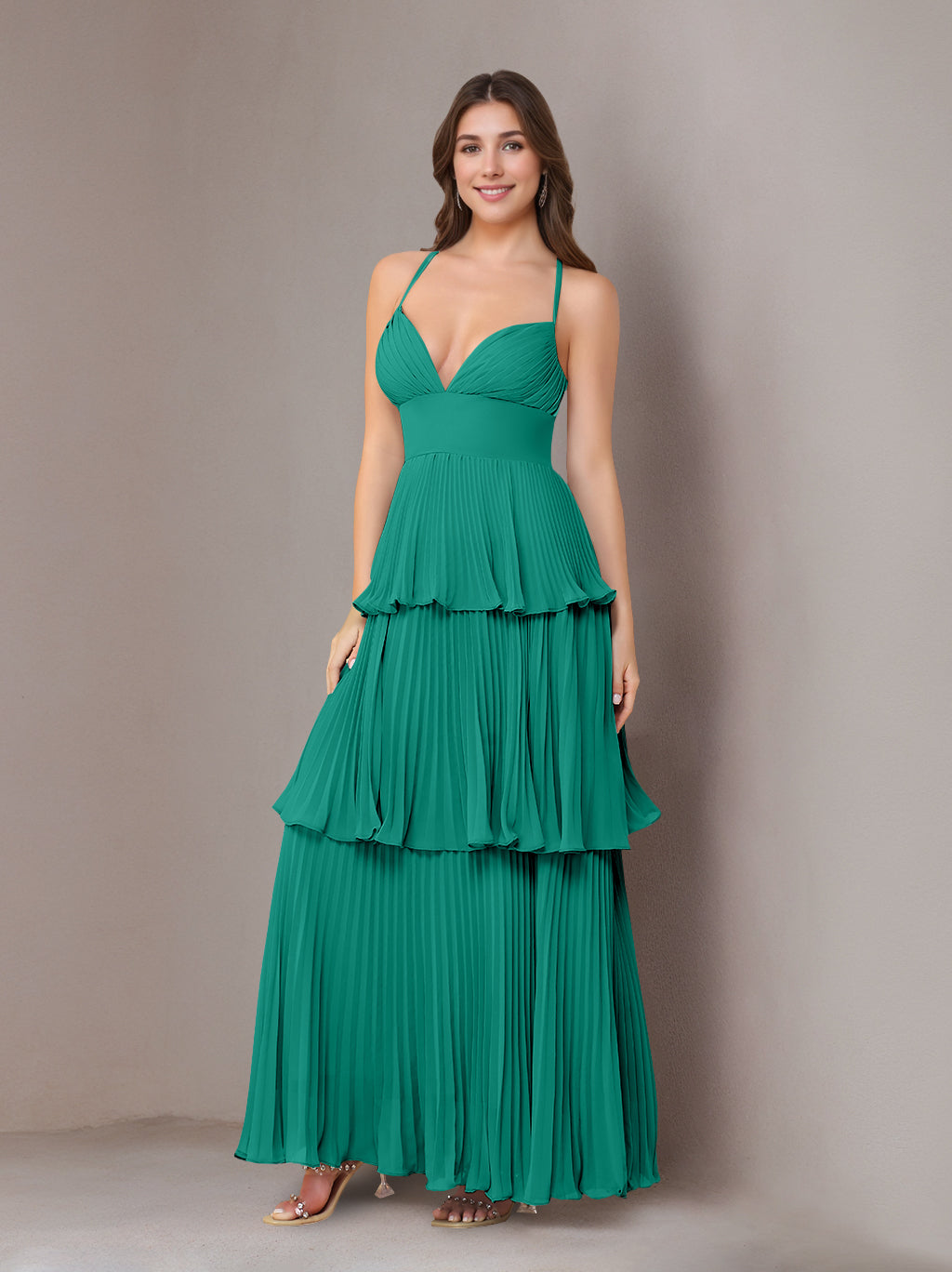 A-Line/Princess Spaghetti Straps Sleeveless Floor-Length Chiffon Bridesmaid Dresses with Pleated