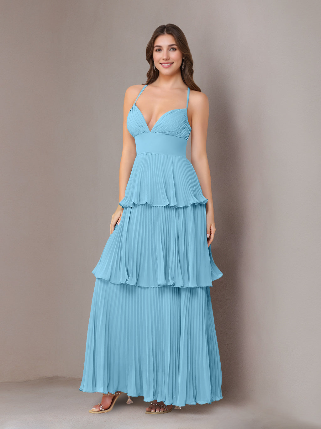 A-Line/Princess Spaghetti Straps Sleeveless Floor-Length Chiffon Bridesmaid Dresses with Pleated