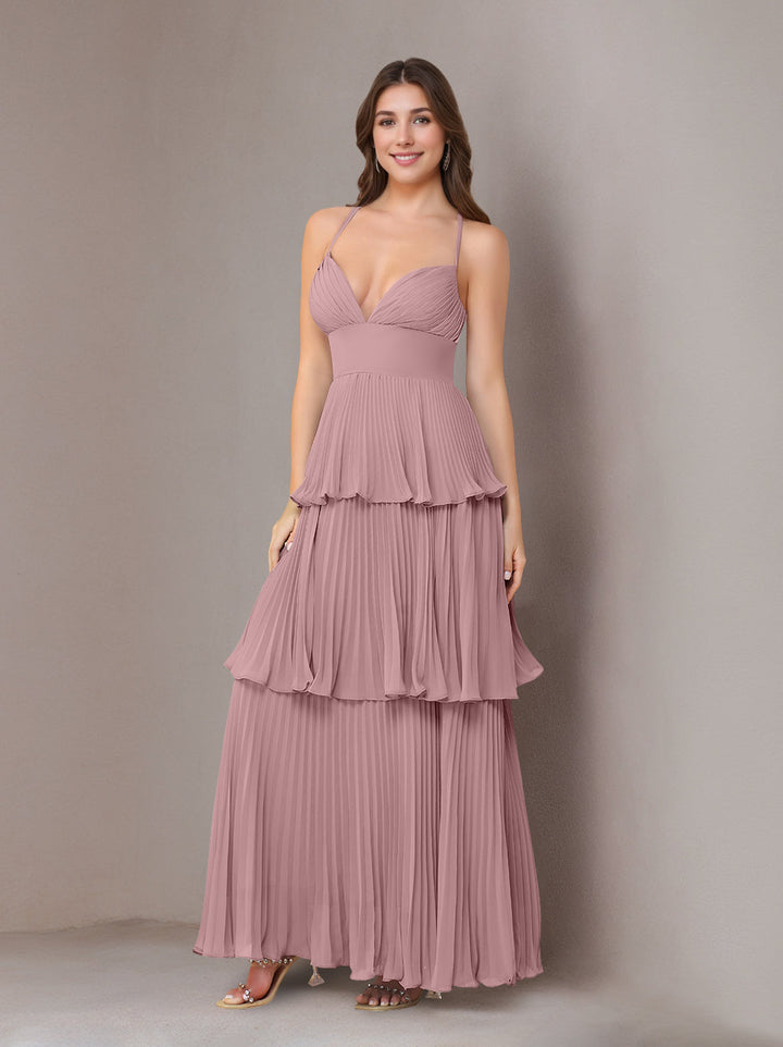 A-Line/Princess Spaghetti Straps Sleeveless Floor-Length Chiffon Bridesmaid Dresses with Pleated