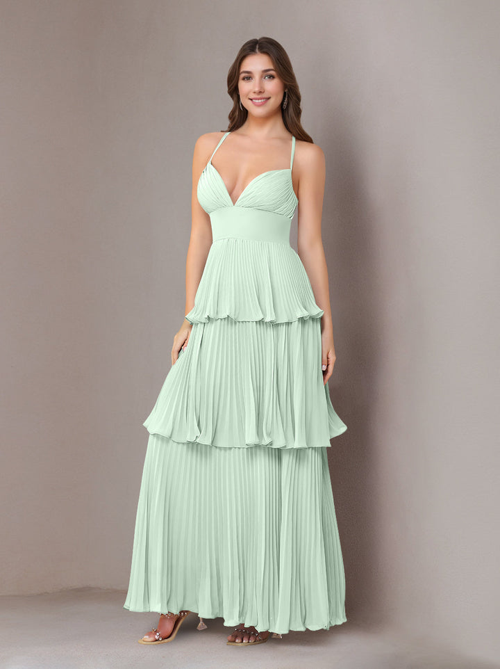 A-Line/Princess Spaghetti Straps Sleeveless Floor-Length Chiffon Bridesmaid Dresses with Pleated