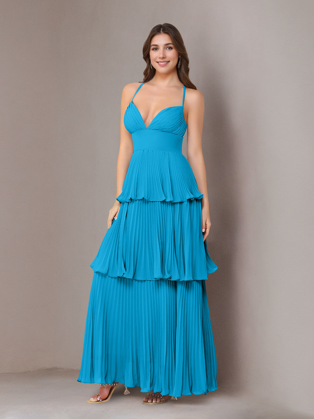 A-Line/Princess Spaghetti Straps Sleeveless Floor-Length Chiffon Bridesmaid Dresses with Pleated