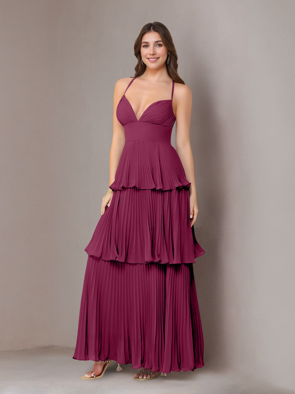 A-Line/Princess Spaghetti Straps Sleeveless Floor-Length Chiffon Bridesmaid Dresses with Pleated