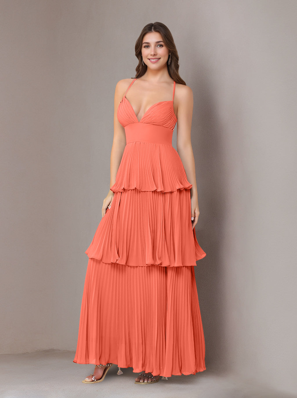 A-Line/Princess Spaghetti Straps Sleeveless Floor-Length Chiffon Bridesmaid Dresses with Pleated