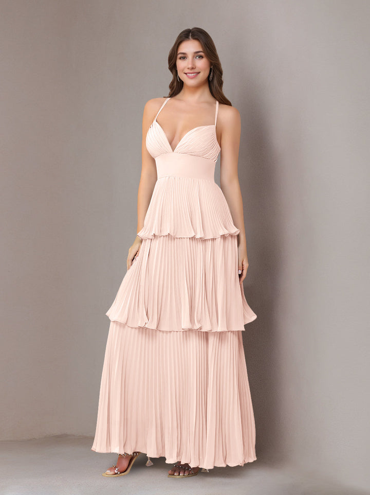 A-Line/Princess Spaghetti Straps Sleeveless Floor-Length Chiffon Bridesmaid Dresses with Pleated