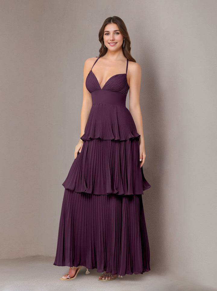 A-Line/Princess Spaghetti Straps Sleeveless Floor-Length Chiffon Bridesmaid Dresses with Pleated