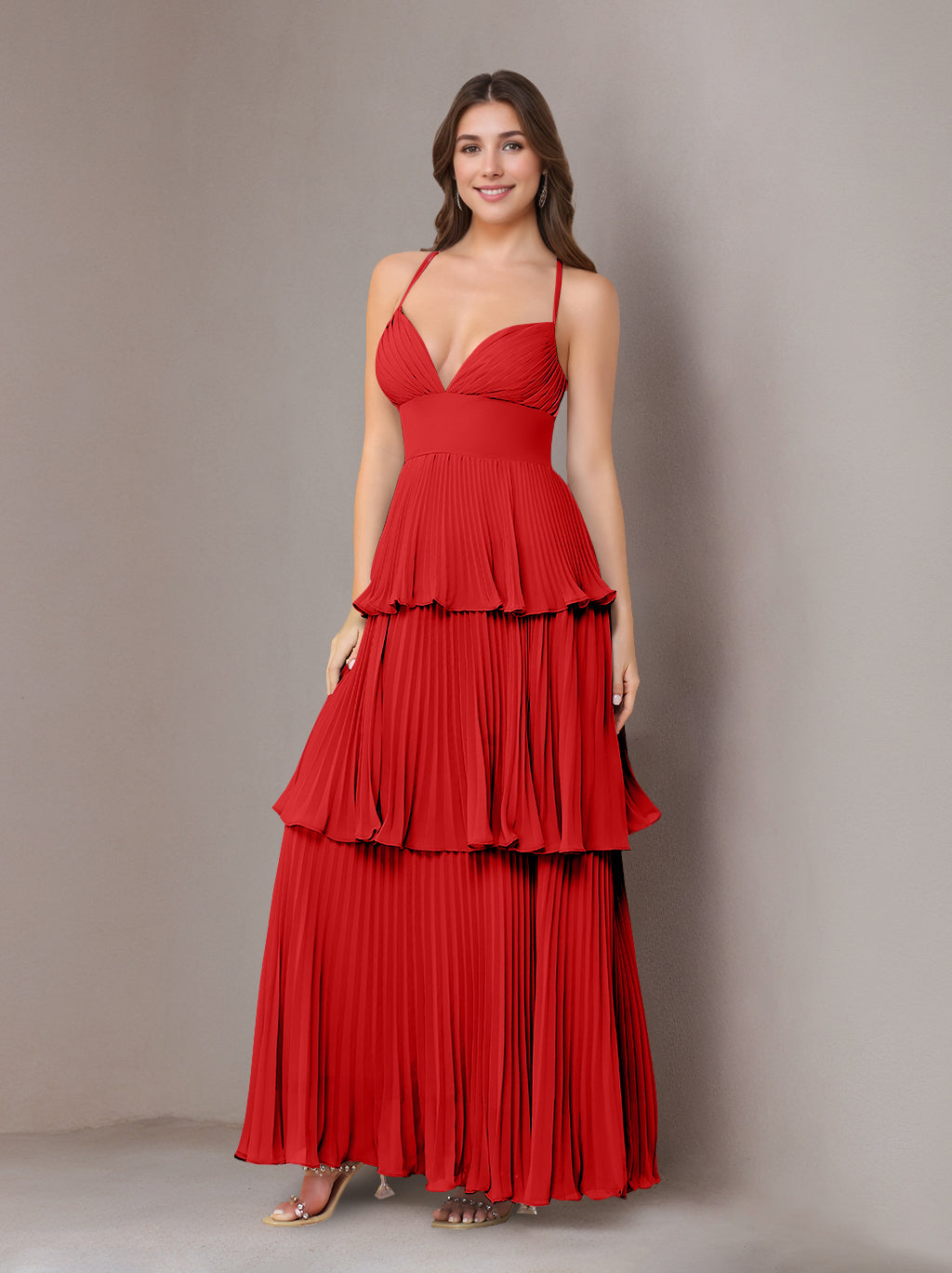A-Line/Princess Spaghetti Straps Sleeveless Floor-Length Chiffon Bridesmaid Dresses with Pleated