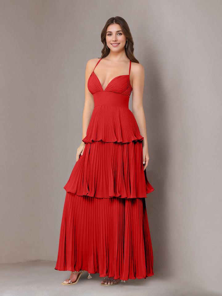 A-Line/Princess Spaghetti Straps Sleeveless Floor-Length Chiffon Bridesmaid Dresses with Pleated