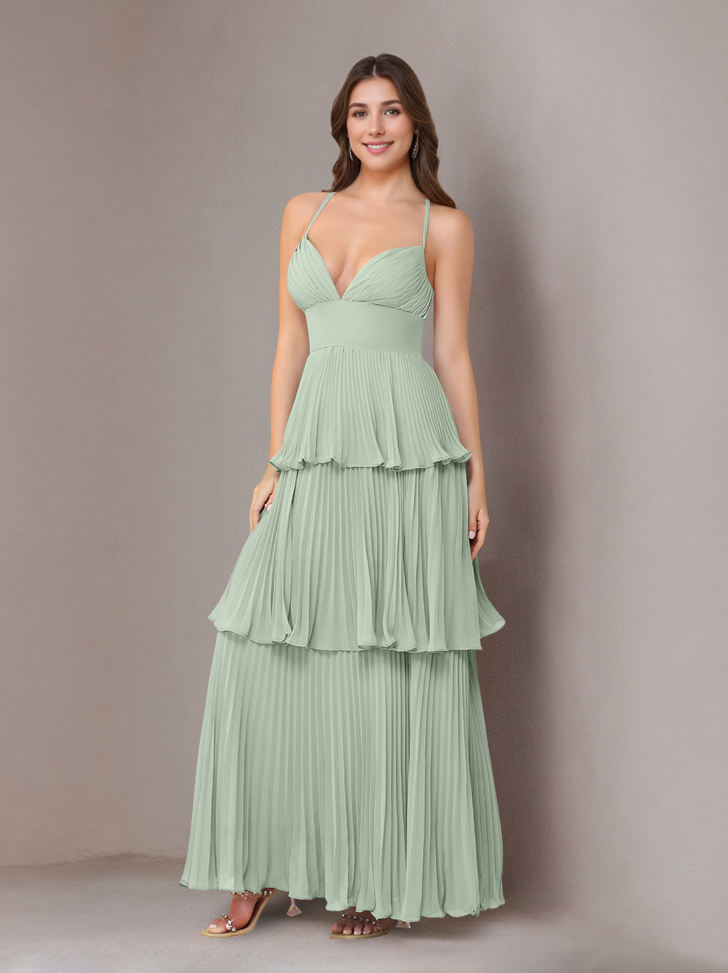 A-Line/Princess Spaghetti Straps Sleeveless Floor-Length Chiffon Bridesmaid Dresses with Pleated