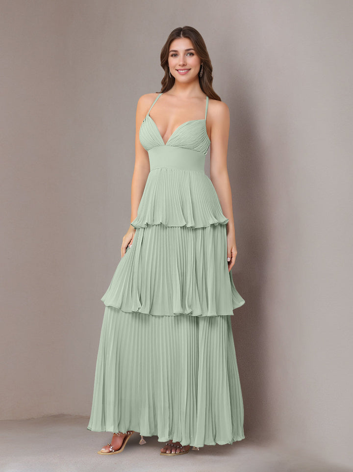 A-Line/Princess Spaghetti Straps Sleeveless Floor-Length Chiffon Bridesmaid Dresses with Pleated