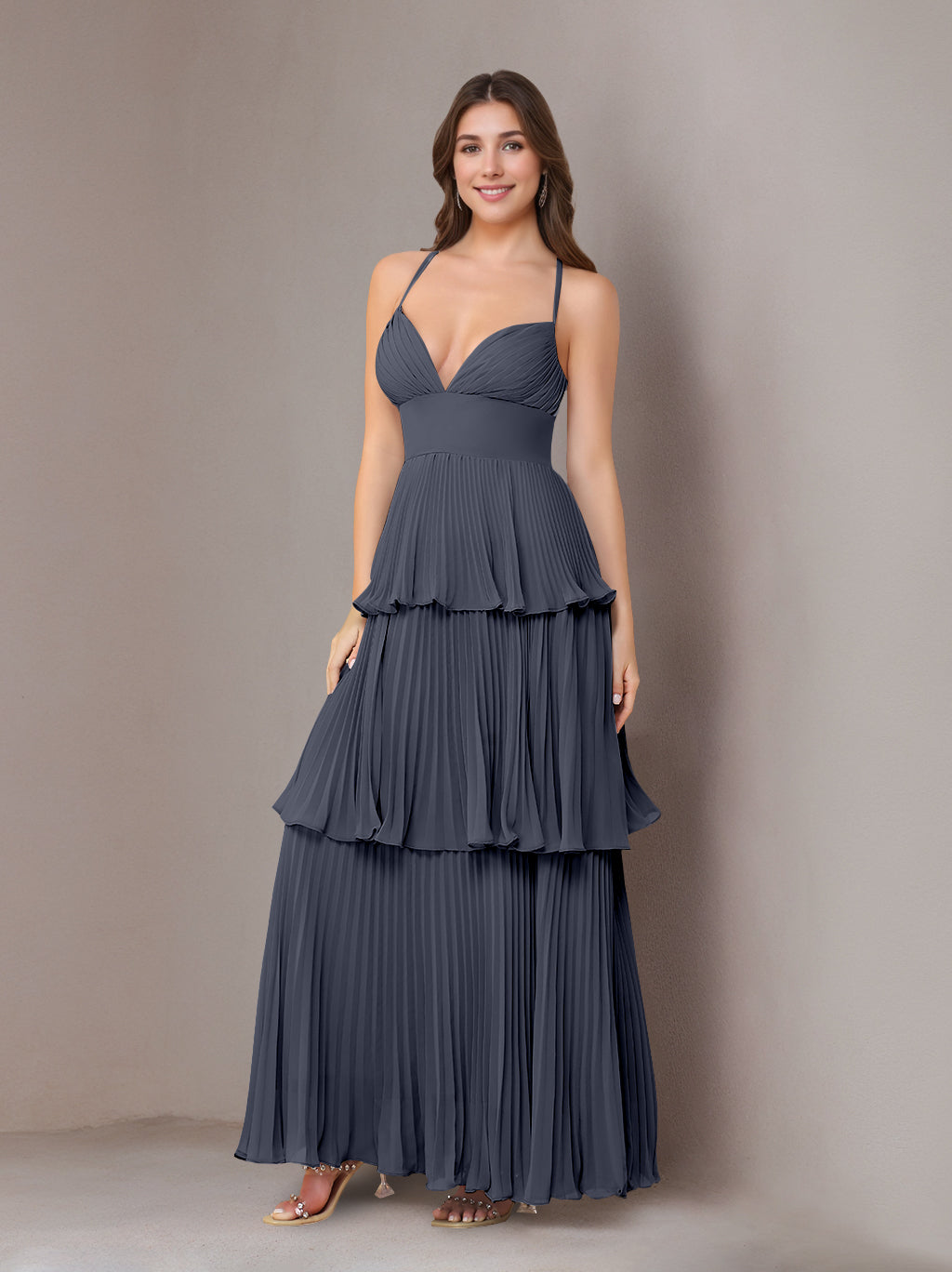 A-Line/Princess Spaghetti Straps Sleeveless Floor-Length Chiffon Bridesmaid Dresses with Pleated