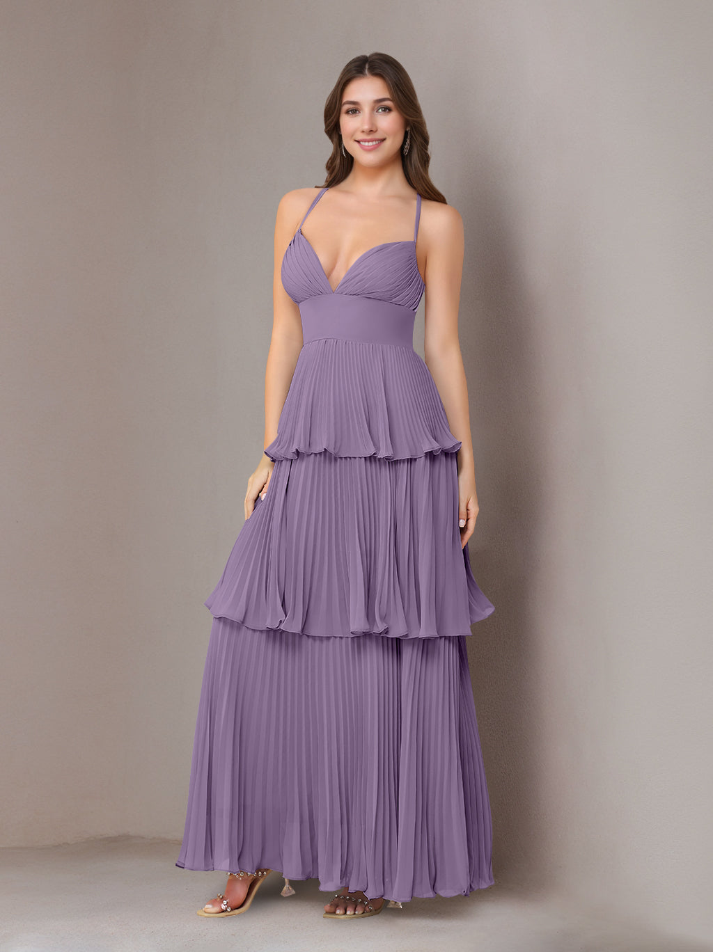 A-Line/Princess Spaghetti Straps Sleeveless Floor-Length Chiffon Bridesmaid Dresses with Pleated
