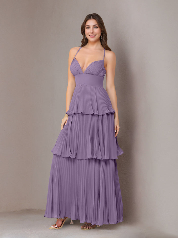 A-Line/Princess Spaghetti Straps Sleeveless Floor-Length Chiffon Bridesmaid Dresses with Pleated