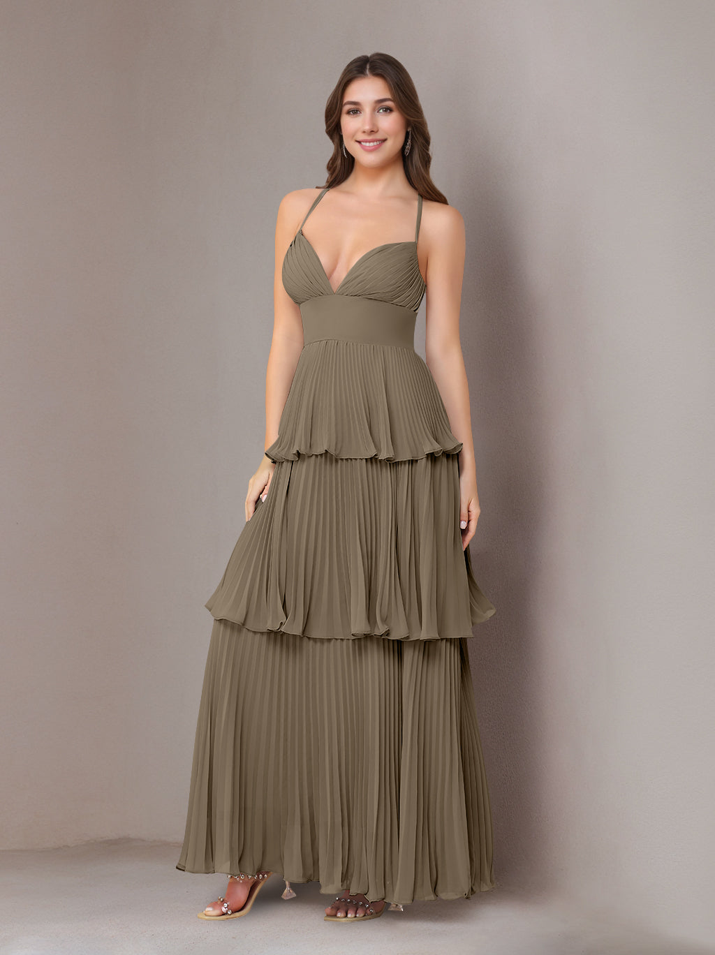 A-Line/Princess Spaghetti Straps Sleeveless Floor-Length Chiffon Bridesmaid Dresses with Pleated