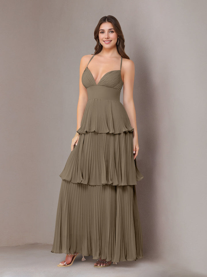 A-Line/Princess Spaghetti Straps Sleeveless Floor-Length Chiffon Bridesmaid Dresses with Pleated
