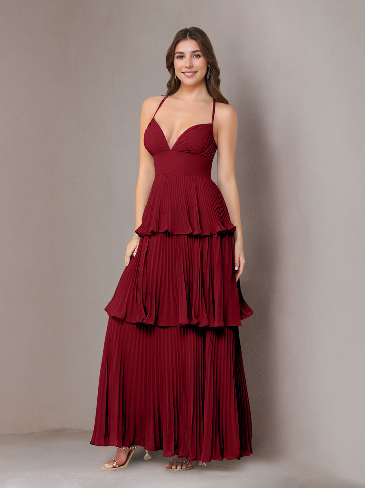 A-Line/Princess Spaghetti Straps Sleeveless Floor-Length Chiffon Bridesmaid Dresses with Pleated