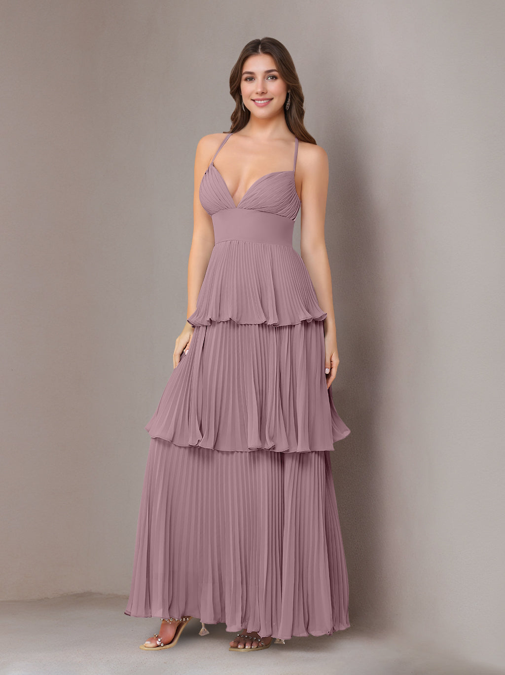 A-Line/Princess Spaghetti Straps Sleeveless Floor-Length Chiffon Bridesmaid Dresses with Pleated