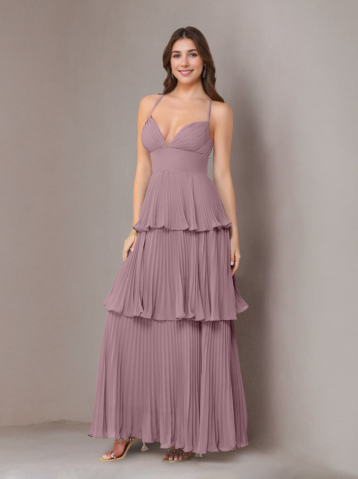 A-Line/Princess Spaghetti Straps Sleeveless Floor-Length Chiffon Bridesmaid Dresses with Pleated