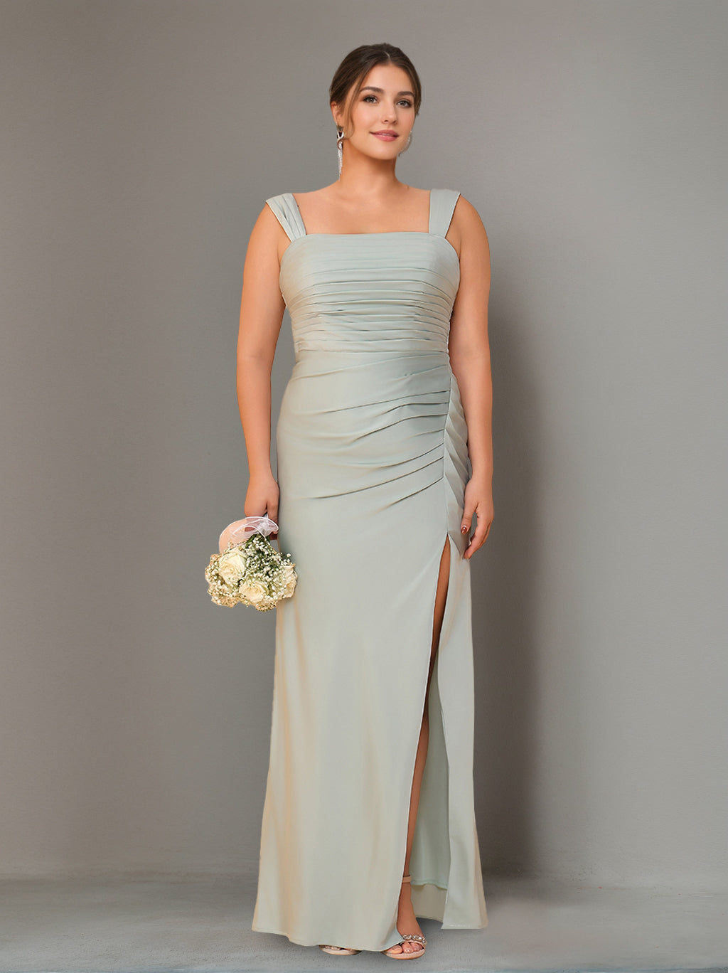 Sheath/Column Square Neck Sleeveless Floor-Length Plus Size Bridesmaid Dresses with Ruffles & Split Side