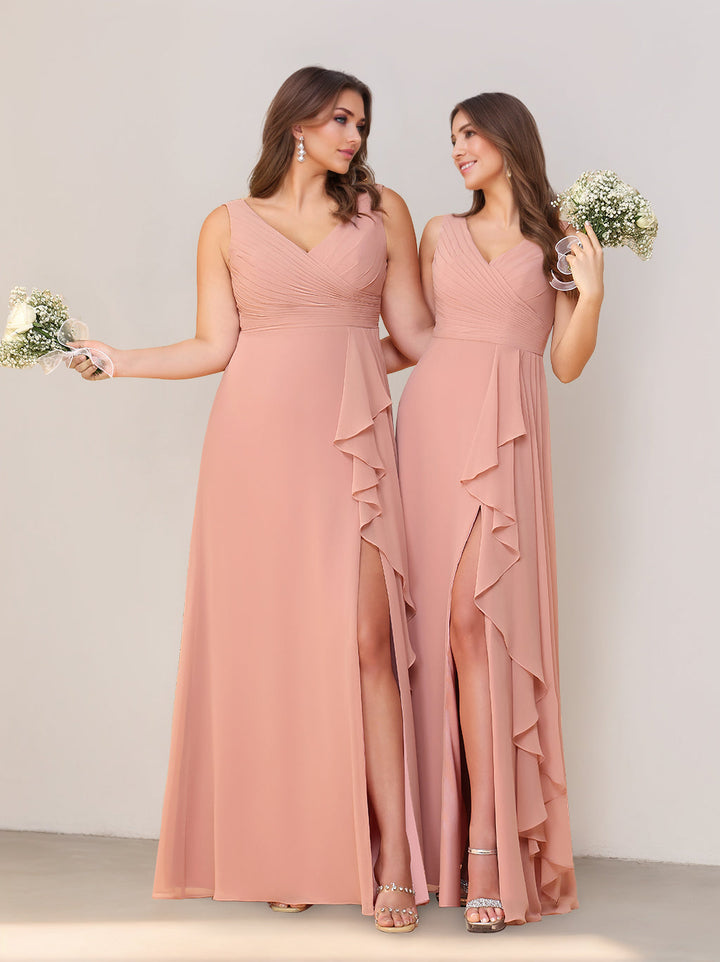 A-Line/Princess V-Neck Sleeveless Floor-Length Chiffon Bridesmaid Dresses with Ruffles & Split Side