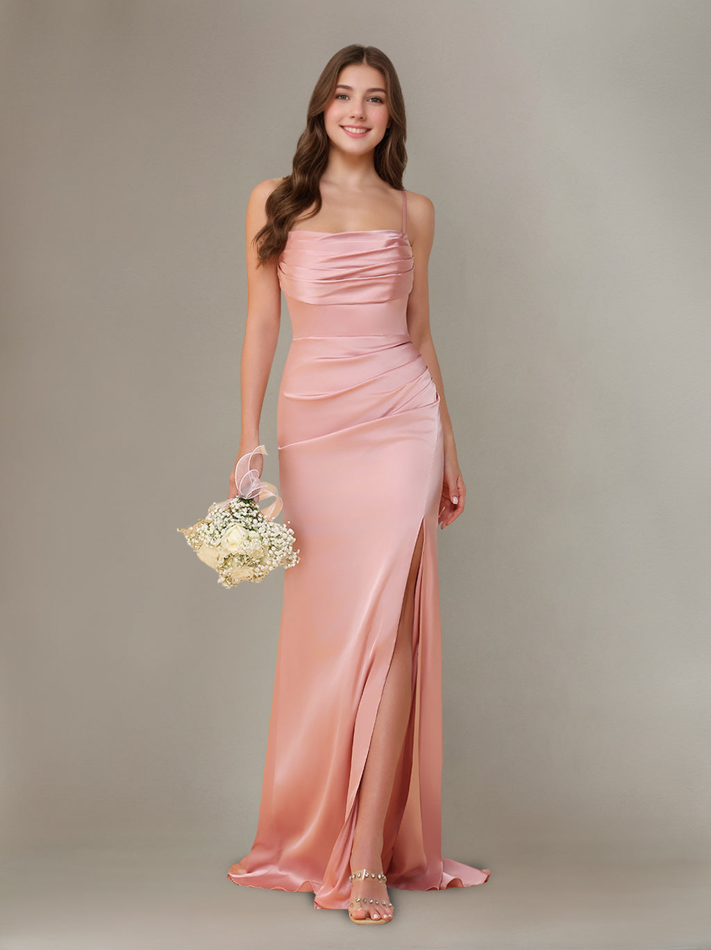 Sheath/Column Spaghetti Straps Sleeveless Floor-Length Silk Satin Bridesmaid Dresses with Ruffles & Split Side