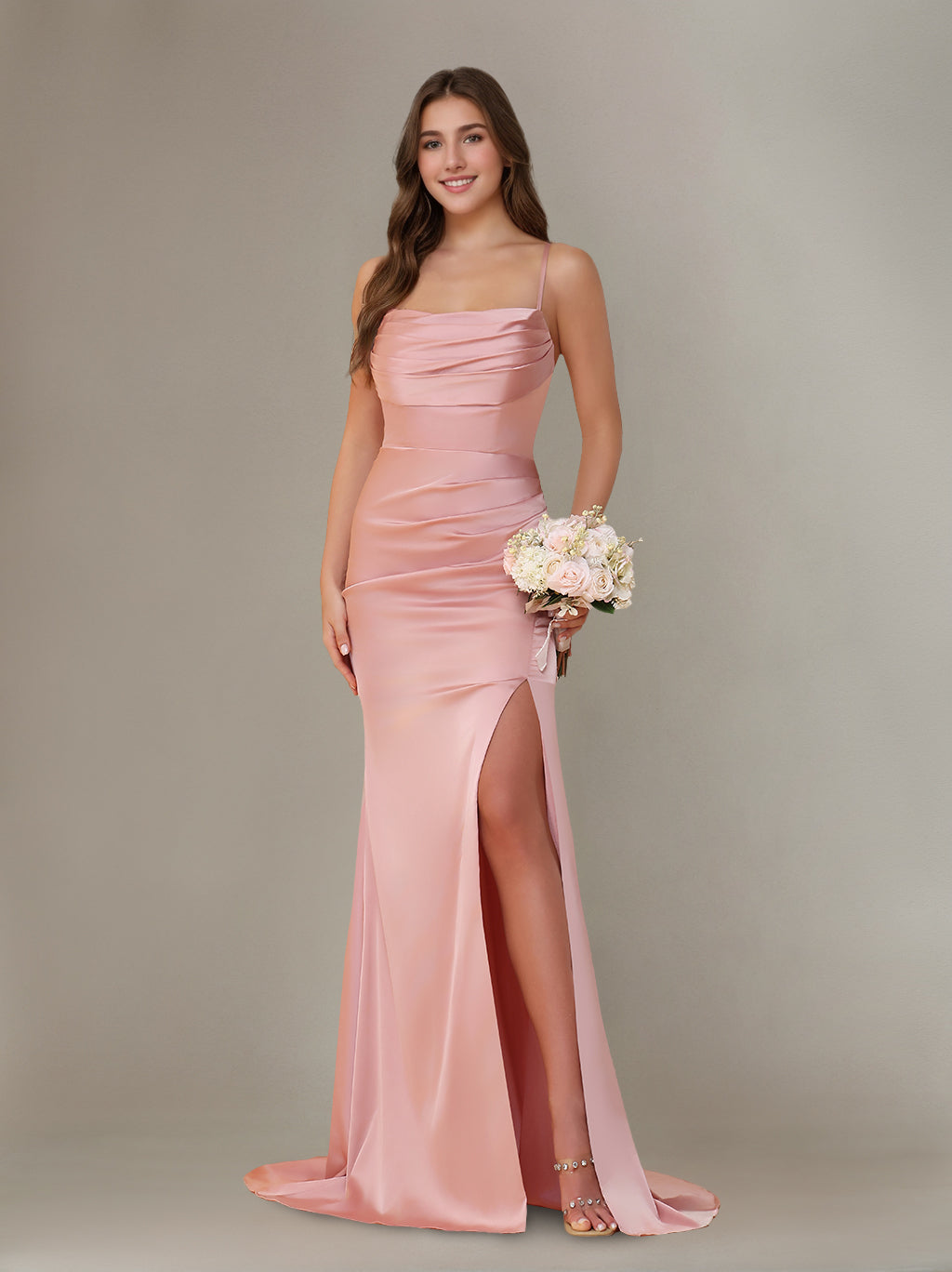 Sheath/Column Spaghetti Straps Sleeveless Floor-Length Silk Satin Bridesmaid Dresses with Ruffles & Split Side