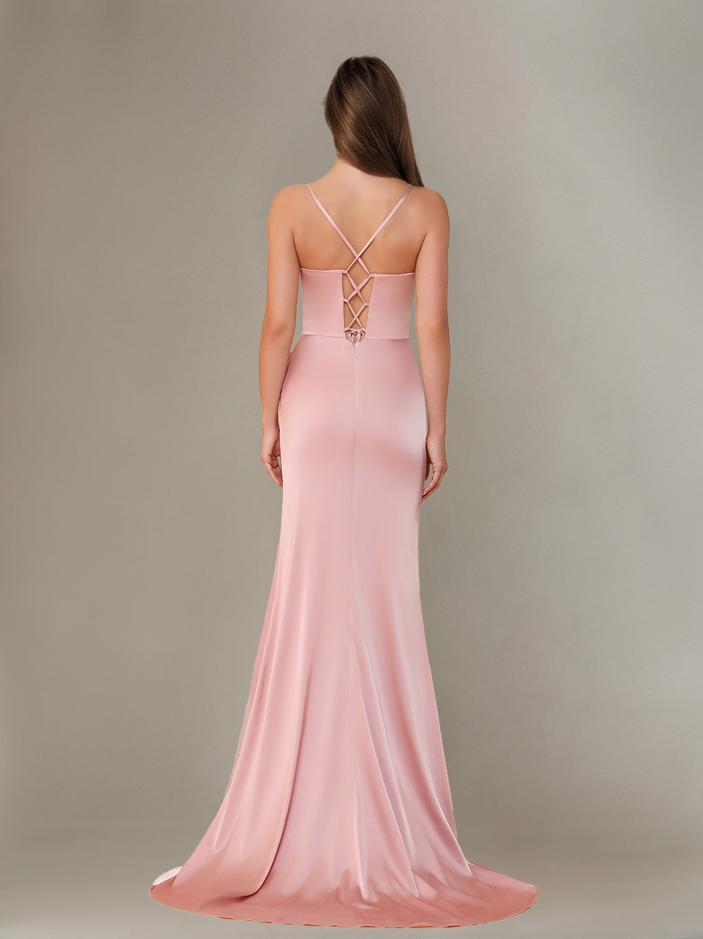 Sheath/Column Spaghetti Straps Sleeveless Floor-Length Silk Satin Bridesmaid Dresses with Ruffles & Split Side