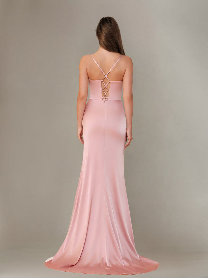 Sheath/Column Spaghetti Straps Sleeveless Floor-Length Silk Satin Bridesmaid Dresses with Ruffles & Split Side