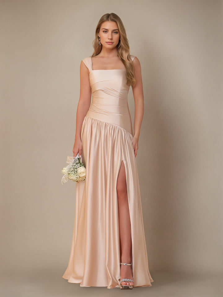 A-Line/Princess Off-the-Shoulder Sleeveless Floor-Length Silk Satin Bridesmaid Dresses with Pleated & Split Side