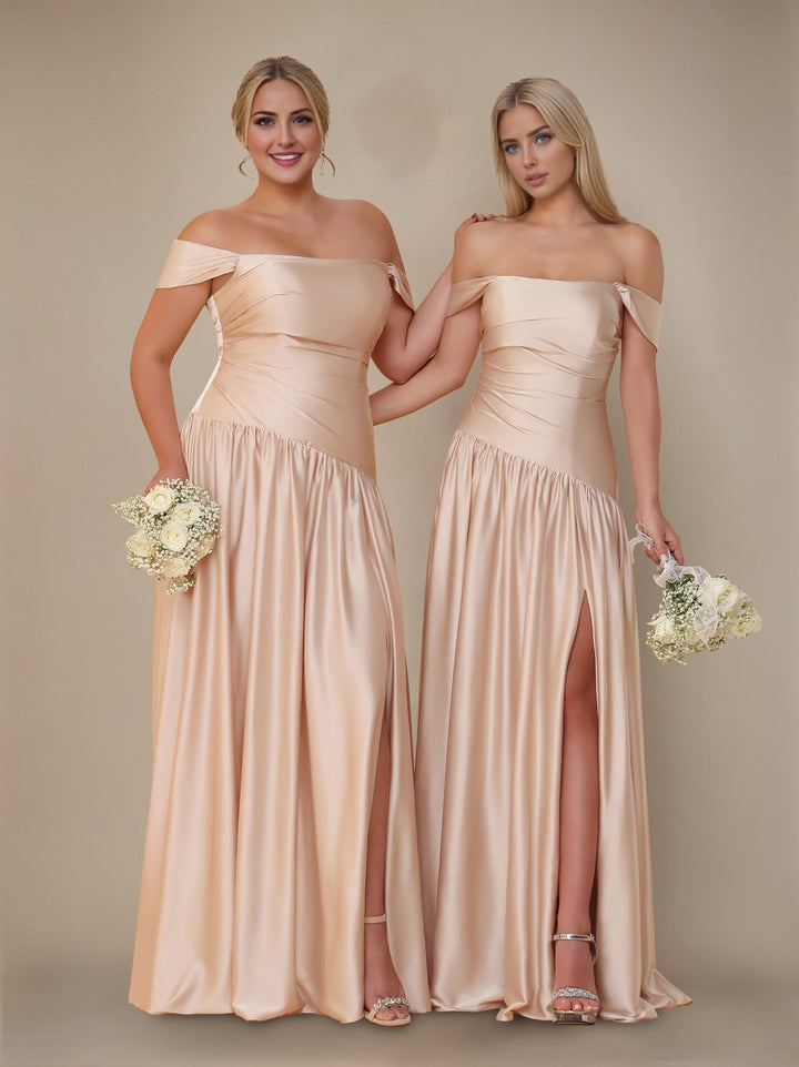 A-Line/Princess Off-the-Shoulder Sleeveless Floor-Length Silk Satin Plus Size Bridesmaid Dresses with Pleated & Split Side