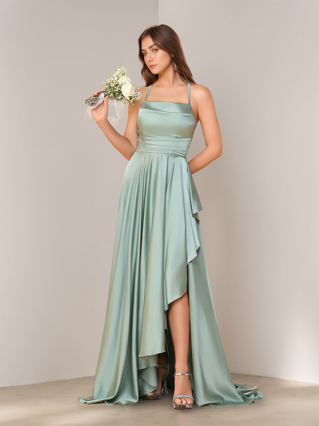 A-Line/Princess Spaghetti Straps Sleeveless Asymmetrical Bridesmaid Dresses with Split Side