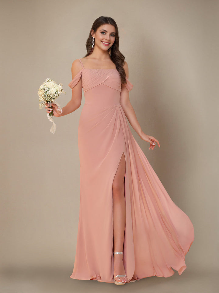 Sheath/Column Off-the-Shoulder Spaghetti Straps Floor-Length Bridesmaid Dress with Ruffles & Split Side
