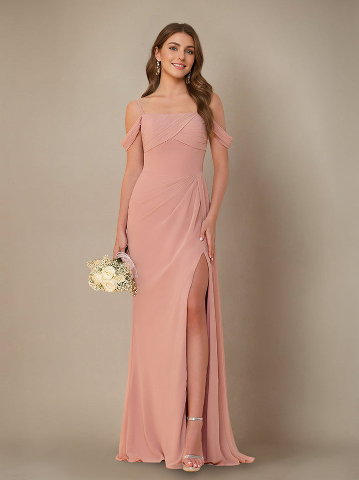 Sheath/Column Off-the-Shoulder Spaghetti Straps Floor-Length Bridesmaid Dress with Ruffles & Split Side