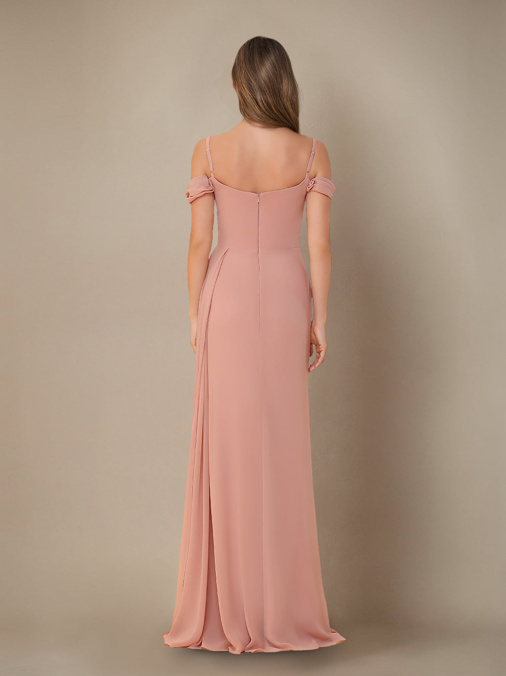 Sheath/Column Off-the-Shoulder Spaghetti Straps Floor-Length Bridesmaid Dress with Ruffles & Split Side