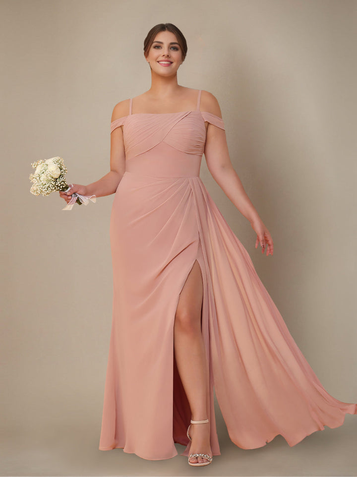 Sheath/Column Off-the-Shoulder Spaghetti Straps Floor-Length Bridesmaid Dress with Ruffles & Split Side