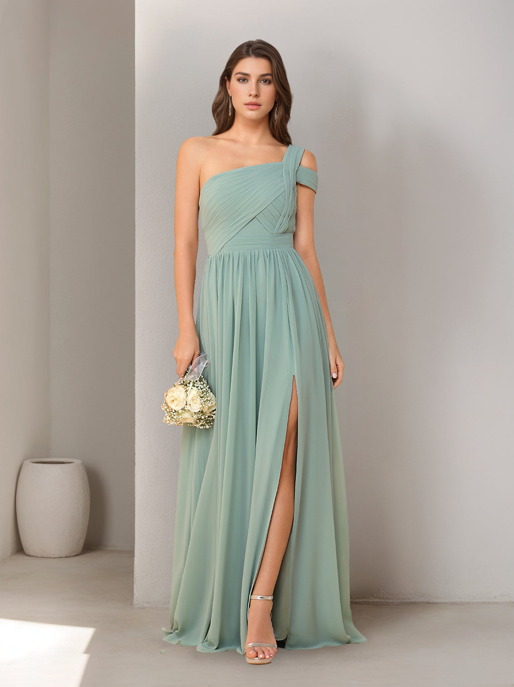 A-Line/Princess One-Shoulder Sleeveless Floor-Length Bridesmaid Dresses with Split Side & Ruched
