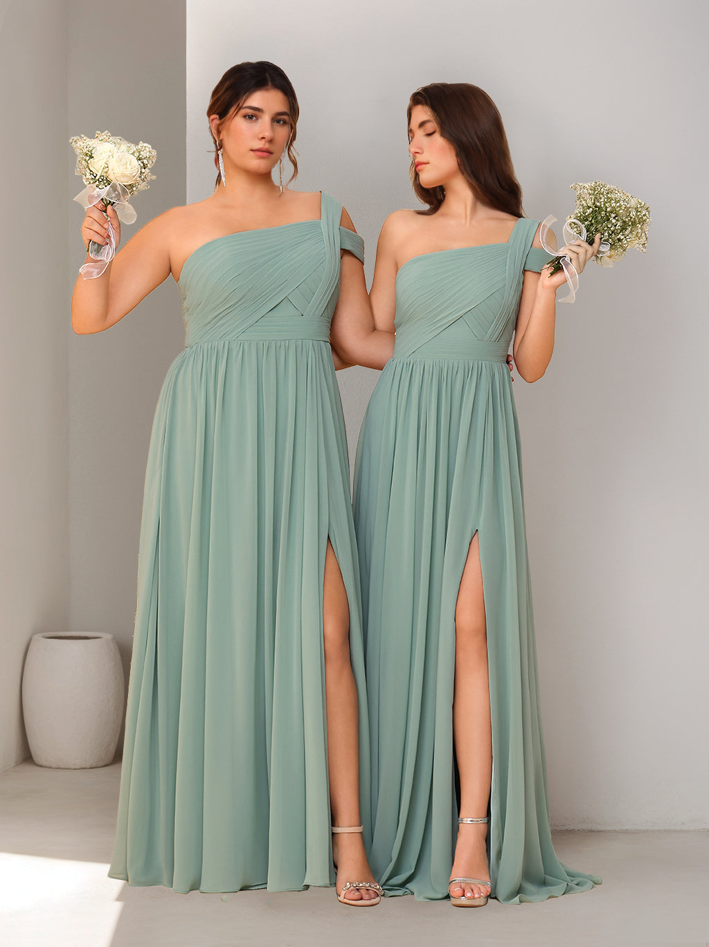 A-Line/Princess One-Shoulder Sleeveless Floor-Length Bridesmaid Dresses with Split Side & Ruched