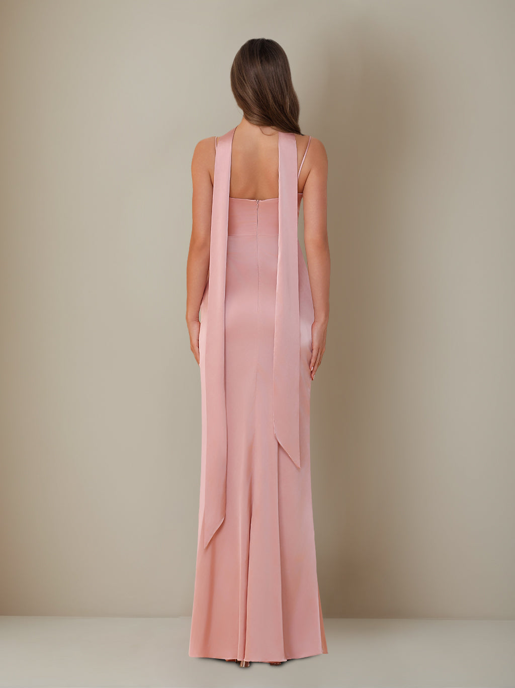 Sheath/Column Spaghetti Straps Sleeveless Floor-Length Ruched Silk Satin Bridesmaid Dresses with Neck Scarf & Split Side