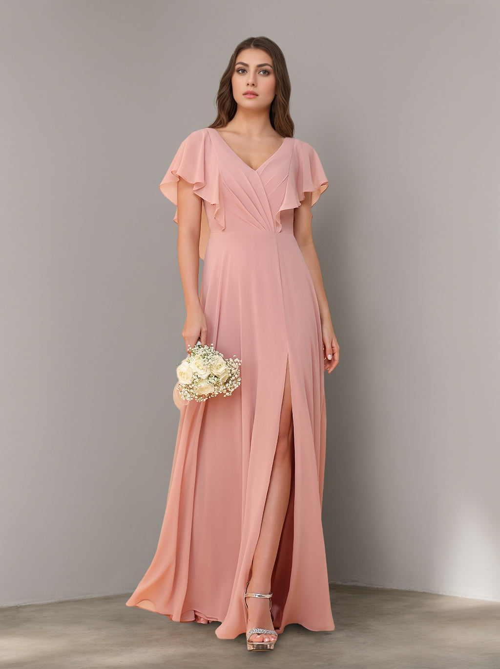 A-Line/Princess V-Neck Short Sleeves Chiffon Floor-Length Bridesmaid Dresses with Split Side & Ruched