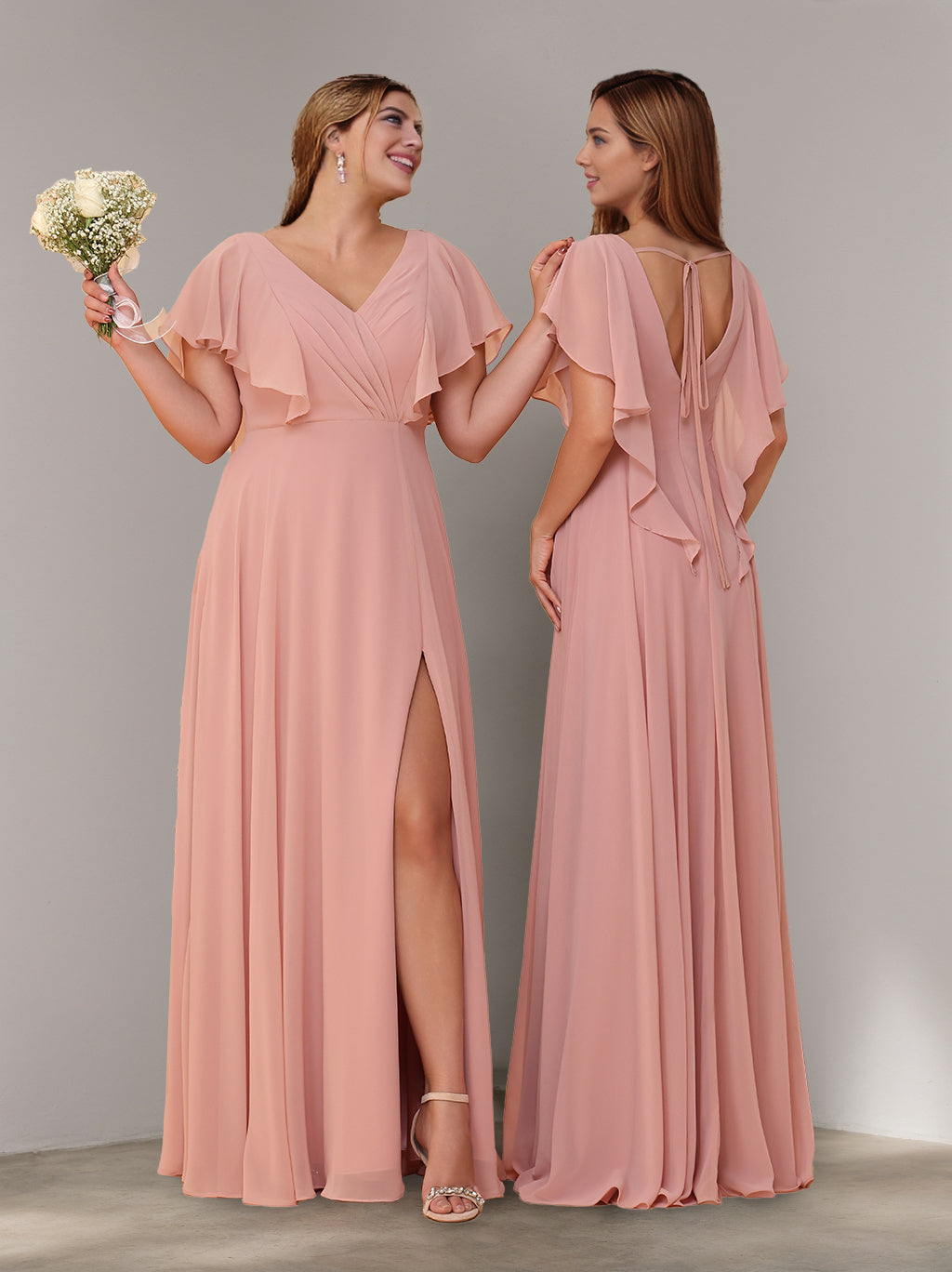 A-Line/Princess V-Neck Short Sleeves Chiffon Floor-Length Bridesmaid Dresses with Split Side & Ruched