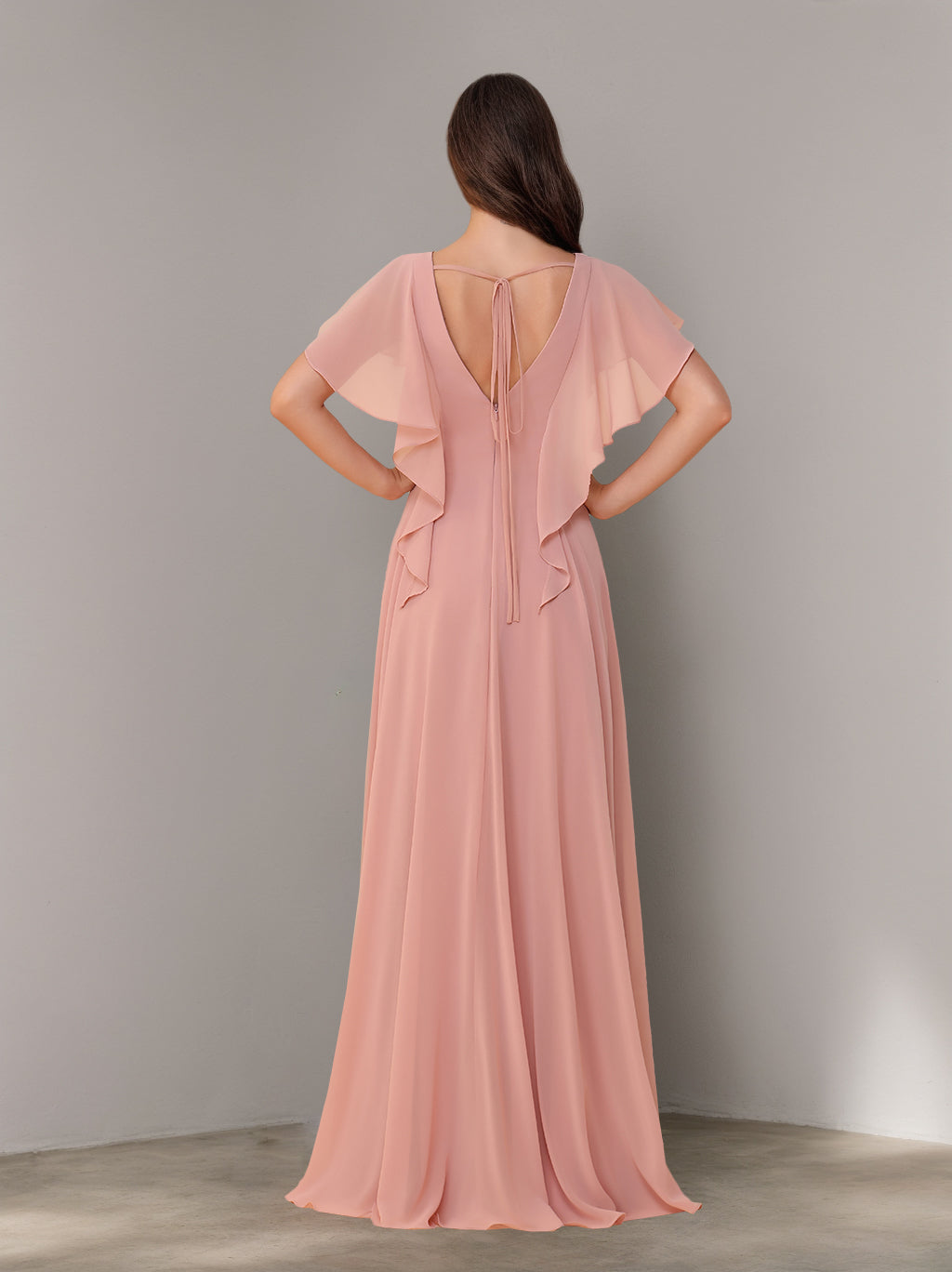 A-Line/Princess V-Neck Short Sleeves Chiffon Floor-Length Bridesmaid Dresses with Split Side & Ruched