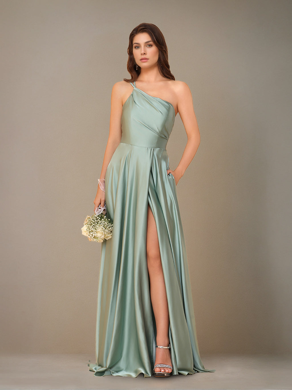 A-Line/Princess Spaghetti Straps Sleeveless Floor-Length Silk Satin Long Bridesmaid Dresses with Ruched & Split Side
