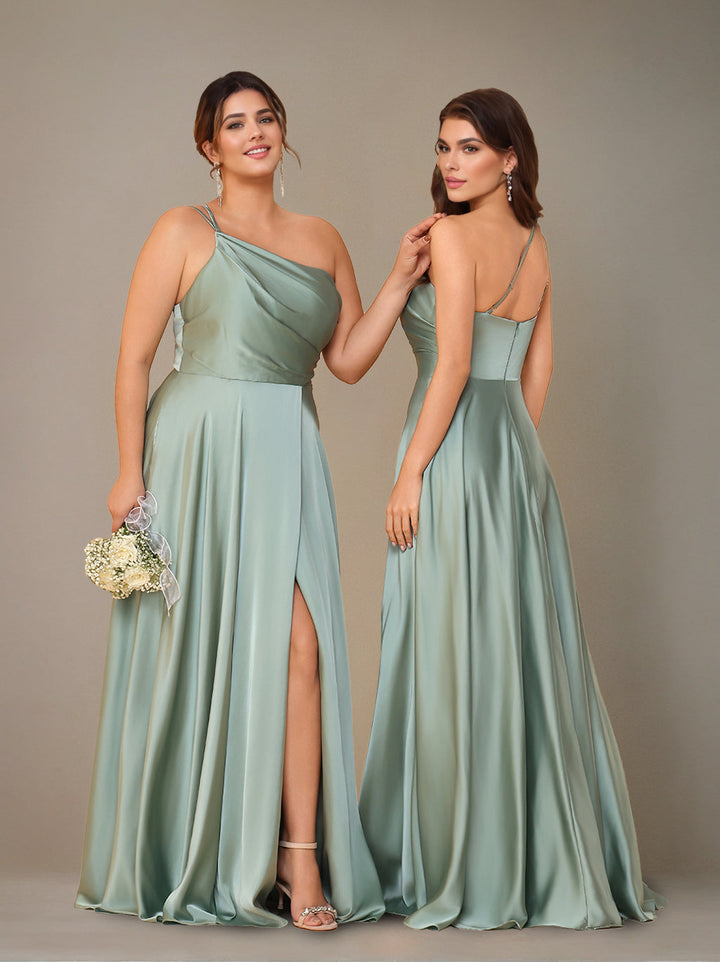A-Line/Princess Spaghetti Straps Sleeveless Floor-Length Silk Satin Long Bridesmaid Dresses with Ruched & Split Side